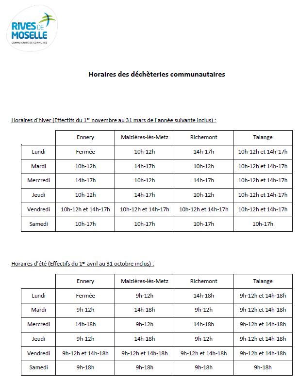 Liste des horaires des déchèteries communautaires